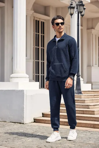 Vista 9 de COOFANDY Conjunto deportivo de 2 piezas para hombre, ajuste relajado, con media cremallera, para correr