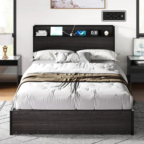 Vista 7 de AMERLIFE Marco de Cama de Almacenamiento Elevable Tamaño Completo, Marco de Cama de Plataforma de Madera con Almacenamiento Elevable y Estación