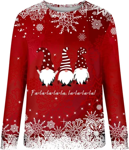 Vista 2 de Sudadera de manga larga con estampado de ciervos y copos de nieve para mujer, cuello redondo, para otoño e invierno, suéter suave casual