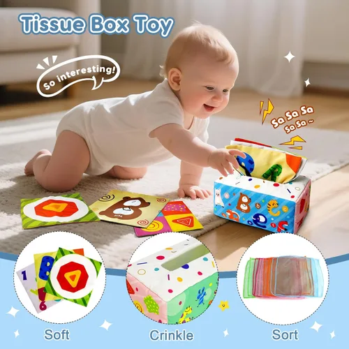 Vista 7 de Juguetes Montessori 6 en 1 para bebés de 6 a 12 meses en adelante, incluye juguete de cuerda de tirar, tazas apilables, caja de pañuelos, girador
