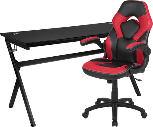 Vista 34 de Flash Furniture Juego de escritorio para juegos negro y silla de carreras blanco/negro con soporte para tazas, gancho para auriculares y soporte