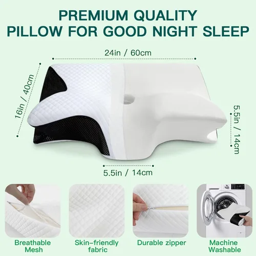Vista 6 de Almohada cervical de espuma viscoelástica, almohada ergonómica 2 en 1 de apoyo para el cuello con reposabrazos y orificio para las orejas, almohada