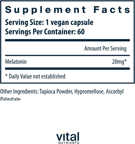 Vista 2 de Vital Nutrients Melatonina 20mg Suplemento vegano para apoyar el ciclo natural del sueño del cuerpo* Sin gluten, lácteos y soja 60 cápsulas