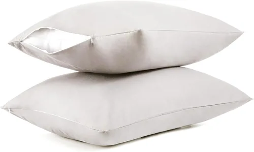 Vista 23 de Protectores/Fundas de Almohada de Algodón Tamaño Estándar con Cremallera Paquete de 2 Color Gris, Protectores de Almohada de Cama Refrescantes