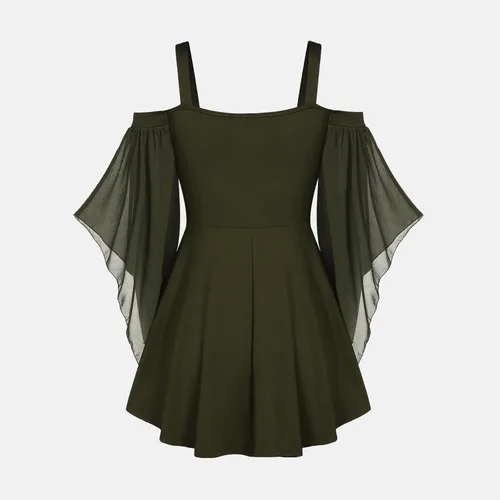 Vista 2 de YZHM Vestido gótico medieval para mujer, manga acampanada, vestido renacentista con cordones, vestido steampunk con hombros descubiertos, disfraz