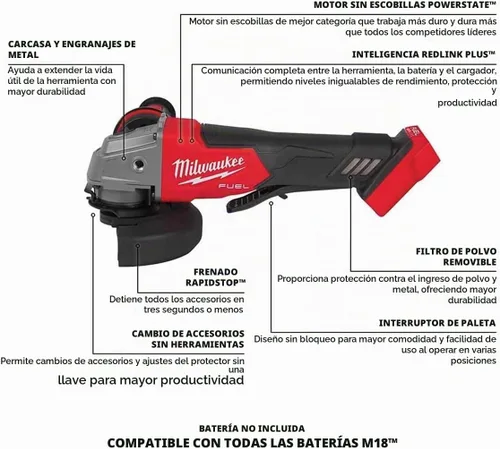 Vista 3 de Milwaukee 2880-20 M18 FUEL Esmeriladora angular pequeña sin escobillas de iones de litio de 4-1/2 pulgadas / 5 pulgadas, inalámbrica con interruptor