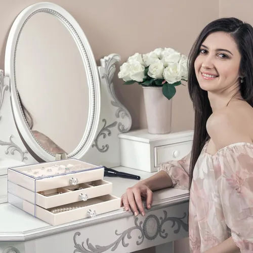 Vista 6 de Organizador de joyas de acrílico, caja organizadora de almacenamiento de cosméticos de maquillaje, caja de joyería transparente con 3 cajones, caja