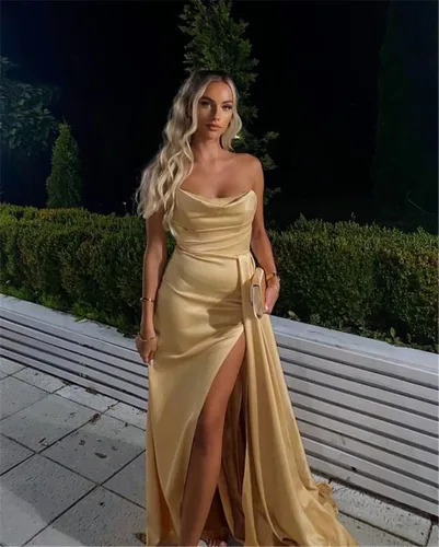 Vista 2 de TIRAS Vestidos de fiesta de sirena de satén 2023 para mujer, sin tirantes, cuello redondo, vestido de fiesta formal de noche con tren de hendidura