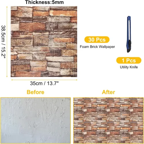 Vista 2 de uxcell Paneles de pared 3D para despegar y pegar, 30 piezas de papel tapiz de ladrillo de espuma para dormitorio, panel de pared de piedra