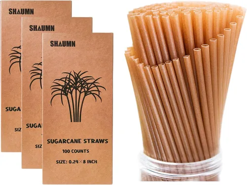 Vista 10 de Pajitas biodegradables para batidos envueltas individualmente de 8 pulgadas, hechas de caña de azúcar, 150 popotes desechables compostables, una