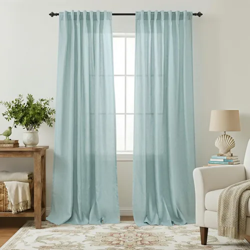 Vista 79 de Cortinas rústicas color beige tostado de 42 x 84 pulgadas de largo para sala de estar, juego de 2 paneles transparentes de lino natural, imitación