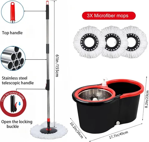 Vista 2 de Trapeador giratorio y cubo con juego de escurridor, sistema de cubo giratorio de 360° con 3 cabezales de repuesto de mopa de microfibra, mango