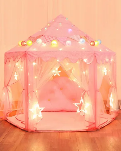Vista 7 de wilwolfer tienda de campaña tipo castillo de princesa para niñas, tienda de campaña hexagonal grande para jugar, casa de juegos con luces de Rosa