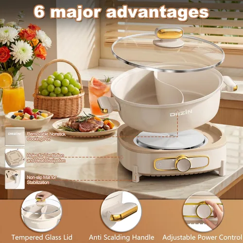 Vista 8 de Dezin Olla eléctrica con divisor, olla Shabu Shabu Shabu de doble sabor de 6 L, olla eléctrica antiadherente extraíble de doble cara, olla china
