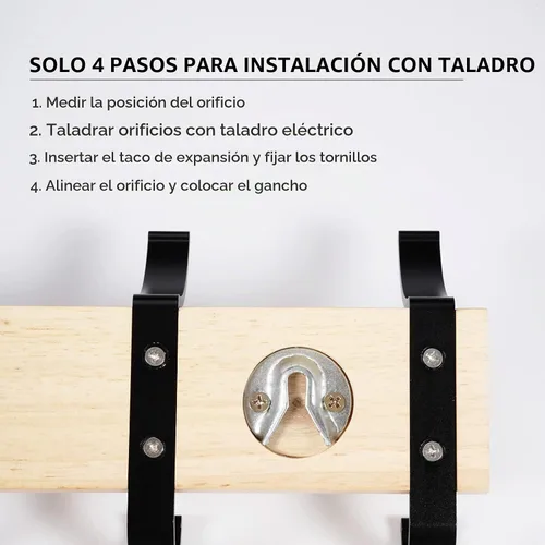 Vista 7 de Perchero de madera maciza para colgar en la pared, colgador de entrada, perchero de madera de metal con 5 ganchos de aluminio negro para bufanda