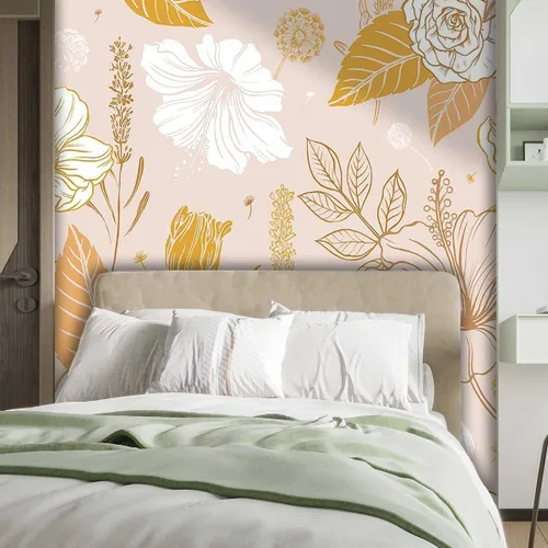 Vista 2 de Adorno floral para despegar y pegar, tapiz de papel dorado beige para decoración de pared de cocina, fondo de televisión, fácil de limpiar (ancho)