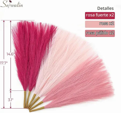 Vista 3 de Serwalin Decoración de zacate de las pampas rosa intenso, rosa rubor y rosa, 17.7 pulgadas 6 piezas de zacate de las pampas sintético, zacate A Abby