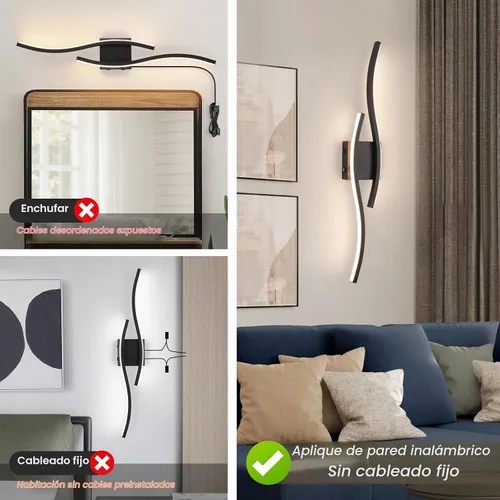 Vista 8 de Apliques de pared a pilas, apliques de pared recargables, luz LED inalámbrica de 3000 K-6500 K, lámpara de pared moderna no cableada para sala