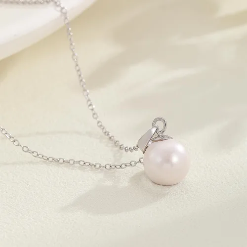 Vista 2 de AAA+ - Collar con colgante de perlas de agua dulce de calidad para mujer, cuentas redondas de perlas blancas en cadena de plata de ley 925cadena