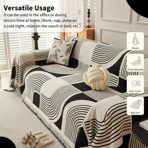 Vista 5 de WEYOND Funda de Sofá Boho de Chenilla con Borlas, Funda de Sofá Bohemia para Sofá de 1 Cojín, Sillón, Silla, 1 Plaza (71" x 91", Negro)