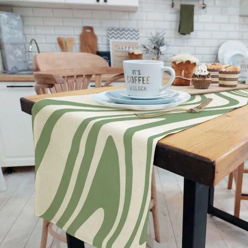 Vista 8 de Camino de mesa negro salvia, estético retro bohemio de los años 70, decoración abstracta de remolinos ondulados, decoración de mesa de comedor