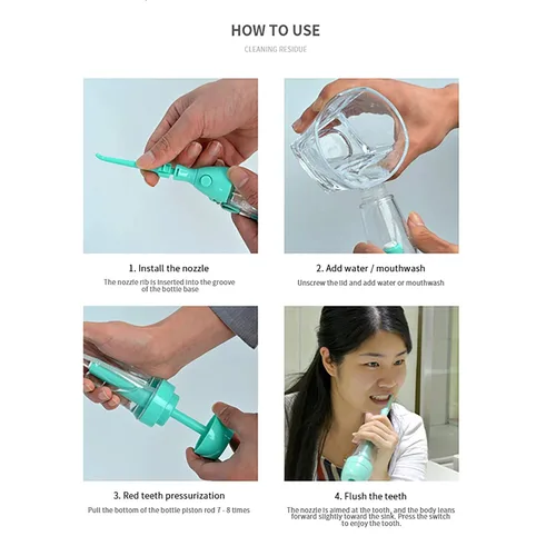 Vista 5 de Irrigador dental inalámbrico de agua portátil no eléctrico, presión de aire manual, operación simple, fortalecimiento de botellas, irrigador oral