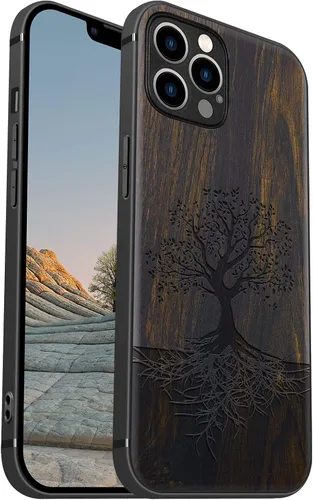 Vista 13 de Carveit Funda de madera para iPhone 12, árbol con raíces - Blackwood) Blackwood-12