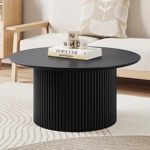 Vista 7 de Mesa de café redonda de 31.5", Mesa de centro moderna con acento acanalado y marco de metal, mesas de café de madera redondas para sala de estar