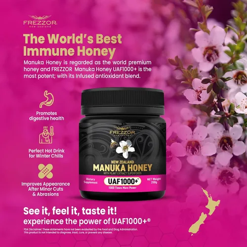 Vista 8 de FREZZOR Miel de Manuka cruda prémium de Nueva Zelanda con UAF1000+ Perfect Daily Wellness Ritual, Superfood, 4 frascos (8.8 oz/250 g por frasco)