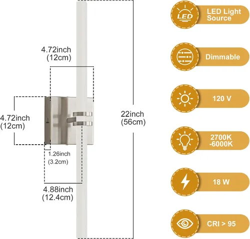 Vista 2 de Lámparas de baño, níquel cepillado de 18 W, LED de 360 °, iluminación completa, moderna aplique de pared lámpara de tocador con 5