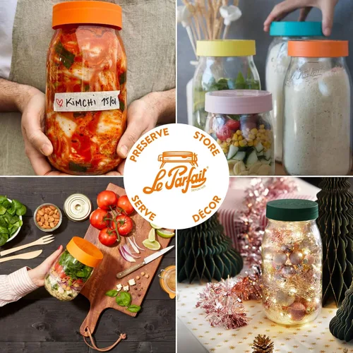 Vista 4 de Le Parfait Frascos con tapa de rosca – Tarros de vidrio francés de boca ancha – Embalaje sin residuos (4, 33.8 fl oz – 32 oz – 1L Tapa dorada)