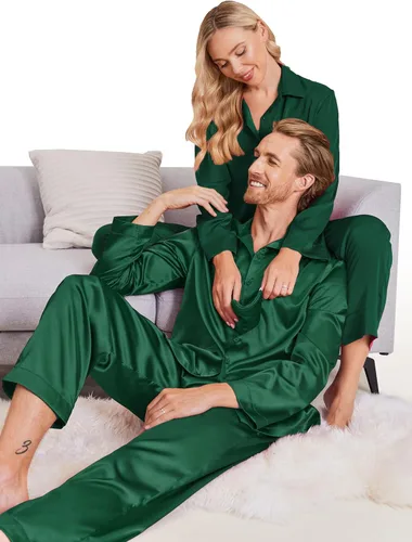 Vista 5 de Ekouaer Pijamas a juego para parejas, ropa de dormir clásica de manga larga para parejas, satén de seda, suave, con botones, tallas S-XXL
