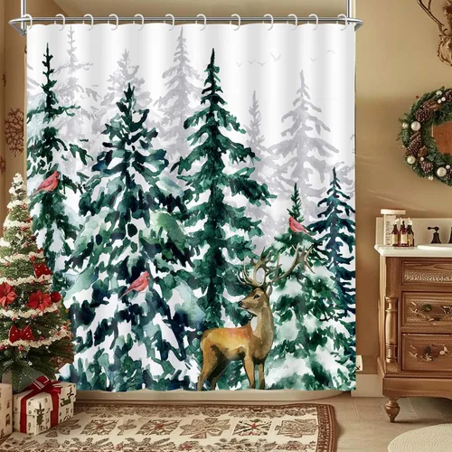 Vista 12 de Wathon Cortina de Ducha de Oso Negro de Invierno Escena Nevada Cortina de Baño con Osos Abrazándose Rodeados de Nieve y Bayas Rojas, Decoración