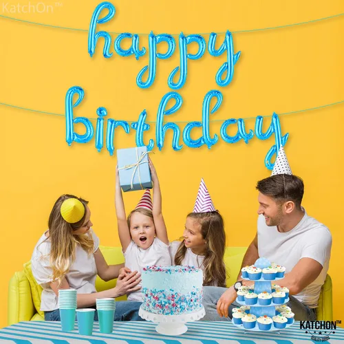 Vista 2 de KatchOn, Cartel azul de feliz cumpleaños – Cartel cursivo de feliz cumpleaños de 16 pulgadas, pancarta azul de feliz cumpleaños, decoraciones