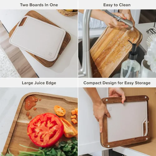 Vista 4 de KitchenEdge Juego de tablas de cortar anidadas, 2 piezas, acacia Tabla de cortar de fibra de arroz, pies antideslizantes, ranura para jugo