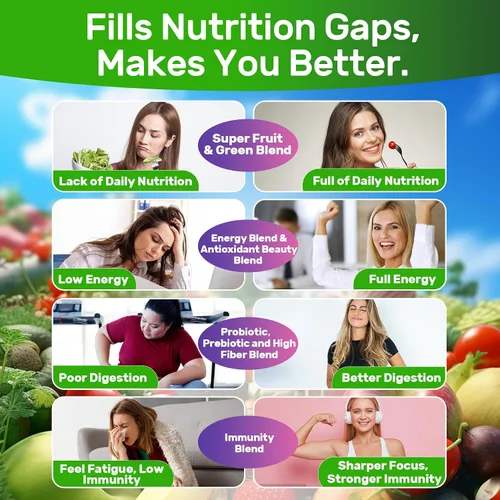 Vista 7 de Gomas Super Greens, alternativa en polvo de superalimento de verduras con espirulina, clorela, fibra prebiótica, probiótico, vegetales y frutas