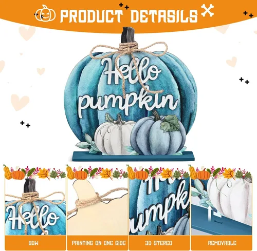 Vista 3 de Soaoo Decoración de Acción de Gracias, letrero de madera de otoño con texto en inglés "Hello Pumpkin", decoración de mesa de calabaza de otoño de 11