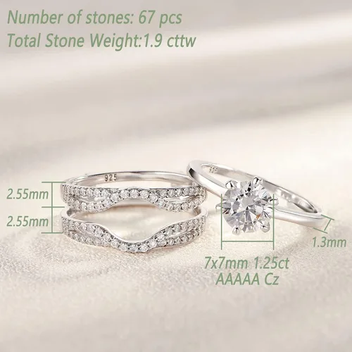 Vista 5 de Wuziwen Anillos de boda para mujer juego de anillos de compromiso redondos con circonita cúbica y solitario plata de ley talla 4-13 Piedra Zirconia