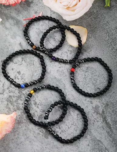 Vista 2 de Tobilleras de obsidiana negra para mujeres y hombres, 6 pulseras de tobilleras ajustables de turmalina natural, cristales de piedras preciosas