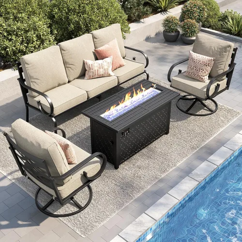Vista 45 de PHI VILLA Patio Furniture Set with 4 Rocking Chairs & Fire Pit, Beige
