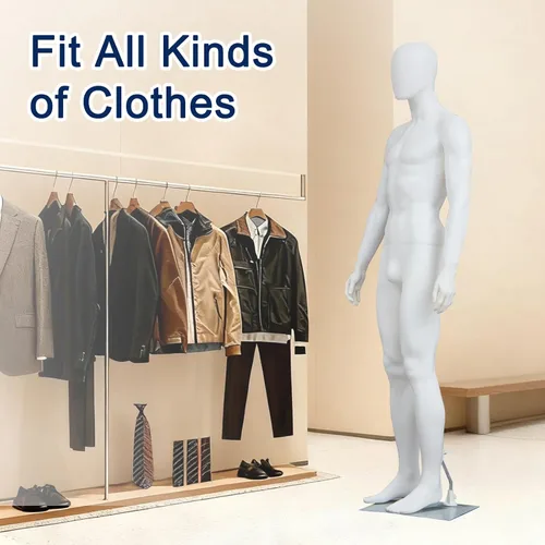 Vista 4 de Maniquí masculino de 6 pies con forma de cuerpo completo para vestido, soporte ajustable y posable, maniquí torso con base de metal, blanco