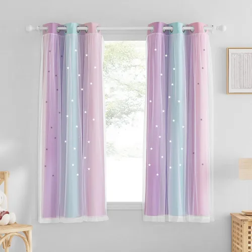 Vista 7 de NICETOWN Cortinas para Dormitorio de Niñas Infantiles con Estrellas Caladas Ventana 2 Capas Cortina 63 Pulgadas de Longitud Oscurecimiento