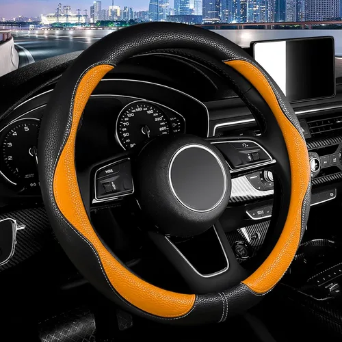 Vista 10 de SuperKaKa Funda Universal para Volante de Coche en Gris y Negro 2025, Protector de PU Cómodo, Antideslizante y Transpirable de Imitación de Cuero