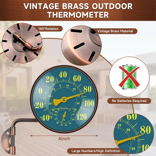 Vista 4 de Termómetro higrómetro para exteriores de 4 pulgadas, termómetro retro de latón para patio, medidor de temperatura impermeable con esfera fácil