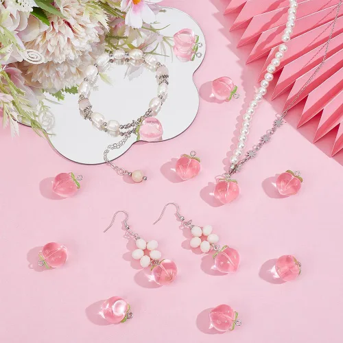 Vista 5 de OLYCRAFT 30 colgantes de durazno de resina transparente, colgante de fruta, dije de melocotón rosa con lazo 3D melocotones colgante colgante