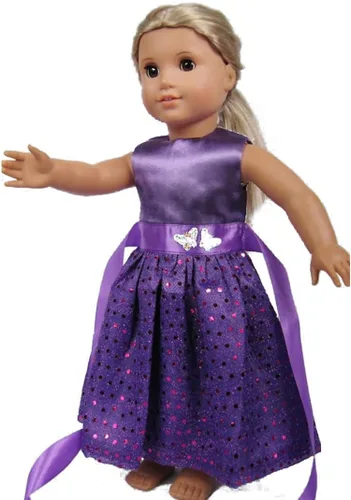 Vista 2 de Ropa de muñeca de 18 pulgadas, accesorios para muñecas, hermoso vestido morado con lunares que se adapta a muñecas Gril de 18 pulgadas ZK07
