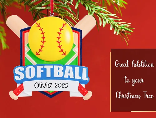 Vista 5 de Adorno de Navidad personalizado de sóftbol 2025 Decoración de árbol de Navidad de murciélagos de sóftbol y bola para niñas y niños Regalo