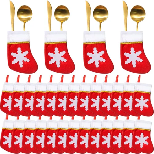 Vista 8 de Patelai 30 piezas de mini calcetines de Navidad a granel de 5.5 pulgadas, adornos portacubiertos navideños, decoración de mesa de comedor, soporte