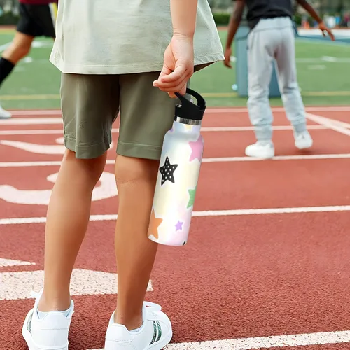 Vista 5 de Gradient Rainbow Star - Botella de agua para niños a prueba de fugas y sin BPA con tapa con pajilla, doble pared aislada al vacío para deportes