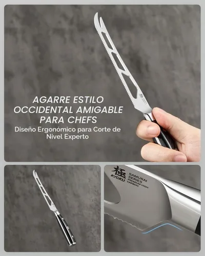 Vista 4 de KYOKU Cuchillo de queso dentado de 5 pulgadas, cortador de queso serie Samurai con mango de madera de Pakkawood de hoja hueca, cuchillo alemán
